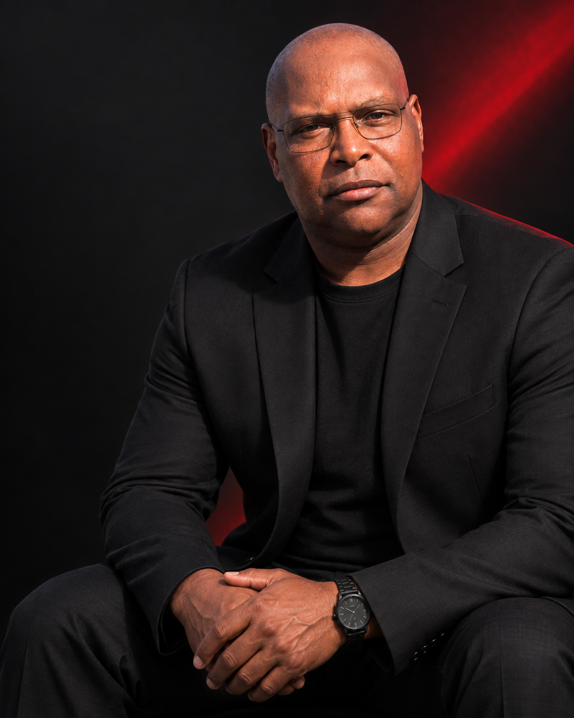 James Hickman wearing glasses and a black suit